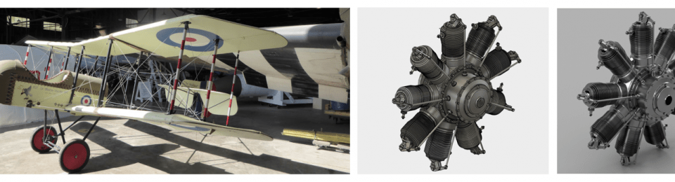 The Airco DH2 and 3D computer model of the GNOME Monosoupape engine.