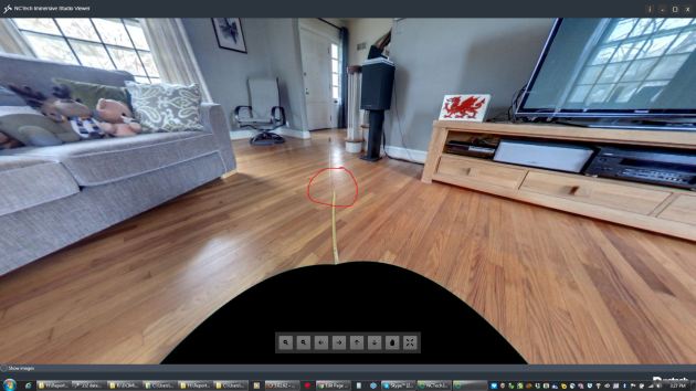 Image : iSTAR FUSION capture - Stitching issues - warped and missing elements (highlighted). Note intrusion of footprint also (Black area) iSTAR_FUSION_Loung_Tape_Stitch_Error_HL
