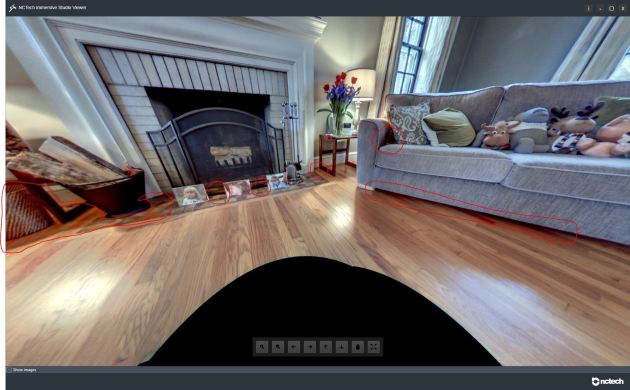 Above : Screenshot from NCTech Immersive Viewer : Showing unusual color reproduction / contamination in areas (outlined in red) - not a faithful reproduction of actual colors.
